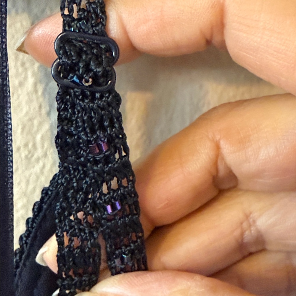 Vintage Caché Black Crochet Beaded Dress Sz 8 Whimsigoth Y2K Asymmetrical Midi - Picture 13 of 17